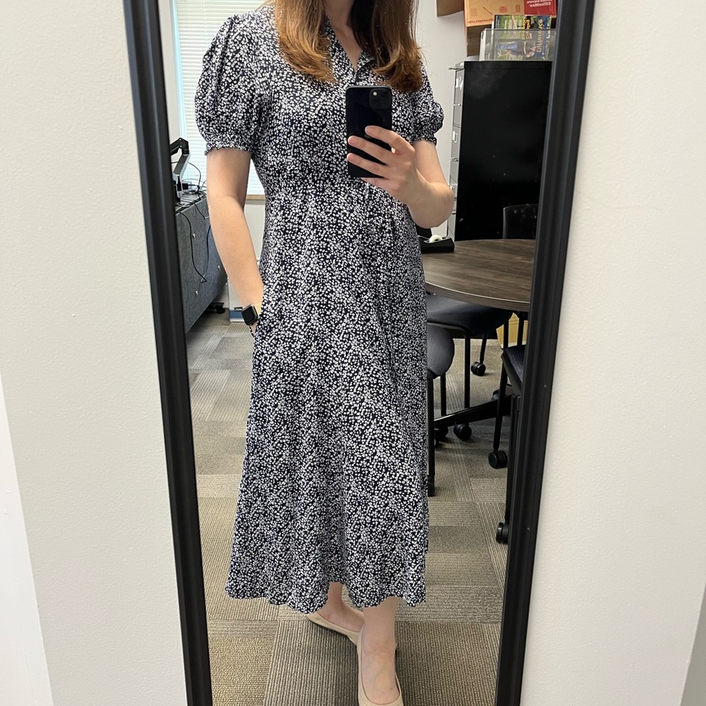 Navy and White Floral Puff Sleeve Dress